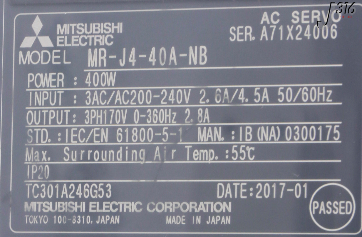 28957 MITSUBISHI SERVO AMPLIFIER, MELSERVO-J4, 400W MR-J4-40A-NB